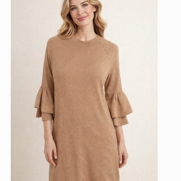 Anthropologie Claudette Ruffle Sleeve Sweater Dress tan with gold fleck - Picture 3 of 10